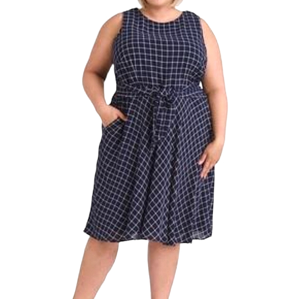 Jessica Howard | Navy Square Check Print Sleeveless Self Tie Midi Dress Size 16W